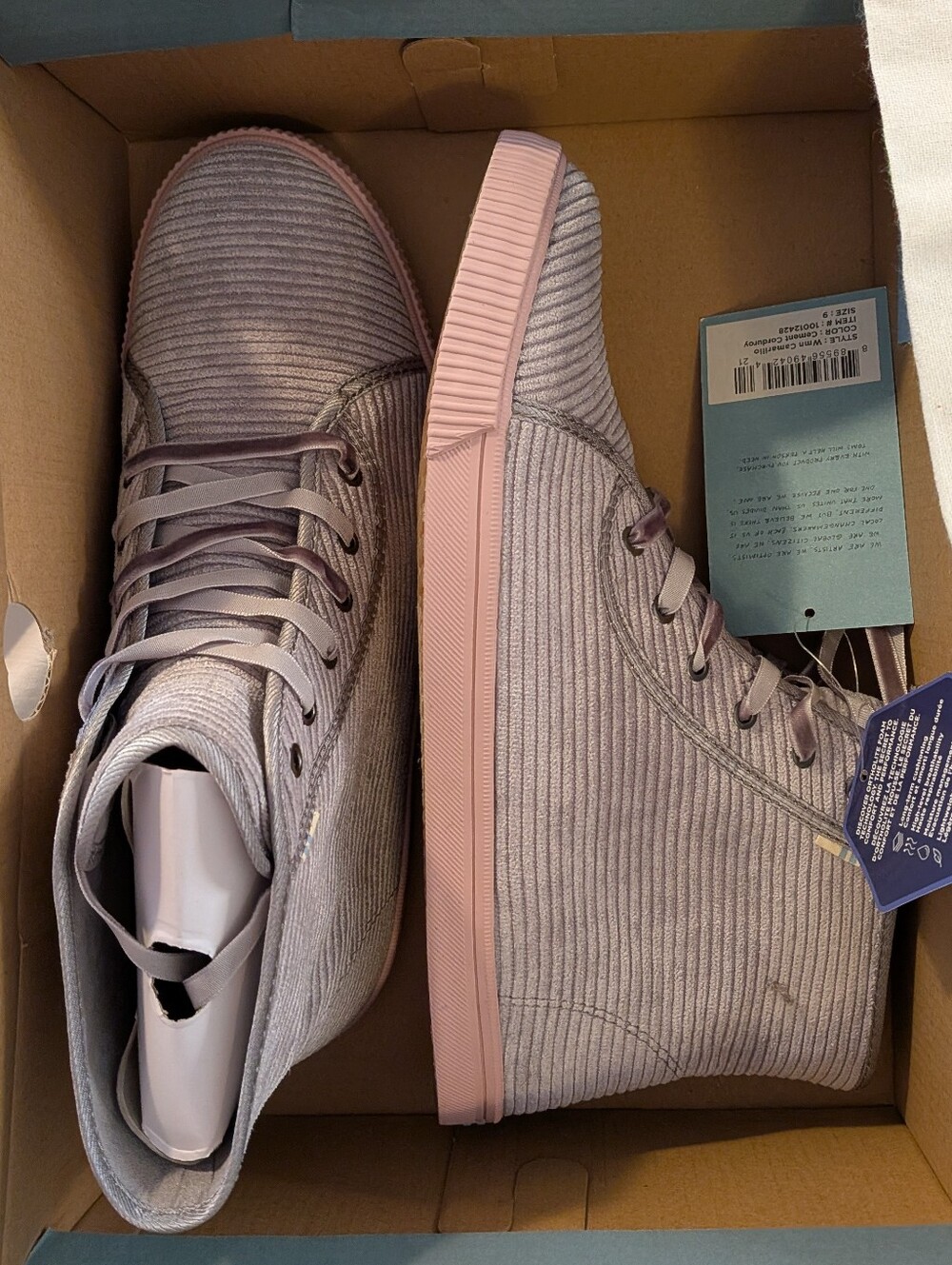 Toms Camarillo Women’s High-Top In Cement Corduroy With Pink Gum Sole Sz. 9 NIB
